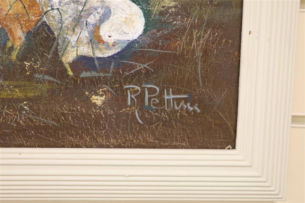 R. Pettini, oil on canvas, Poultry beside a church door, signed, 59 x 49cm